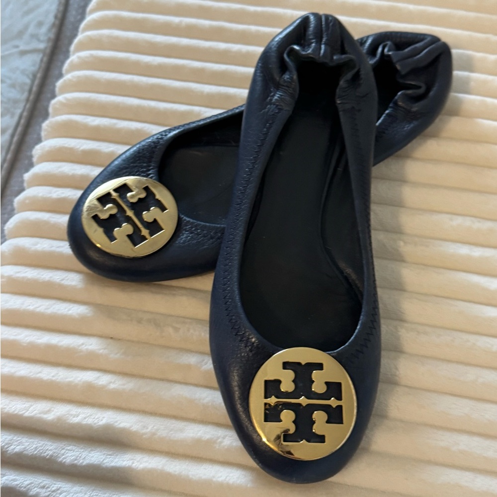 Tory Burch Minni  Navy Ballet Flats with Gold Logo